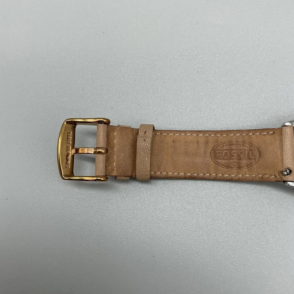 Fossil Womens Watch 36mm Rose Gold Tone Beige Leather Day Date New Battery